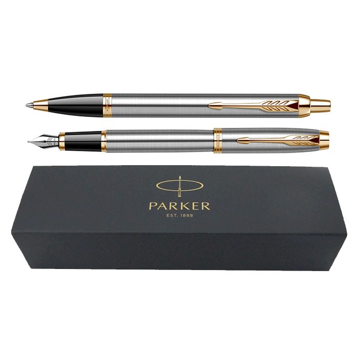 Set-pixstilou-Parker-IM-Royal-argintiu-satinat-cu-accesorii-aurii