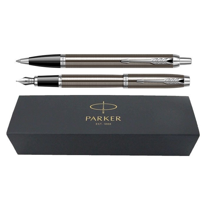Set-pixstilou-Parker-IM-Royal-espresso-inchis-cu-accesorii-cromate