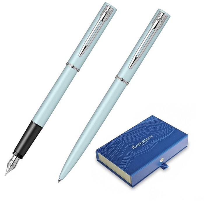 Set-pix-si-stilou-Waterman-Allure-albastru-pastel-cu-accesorii-cromate-in-cutie-dubla-de-cadou