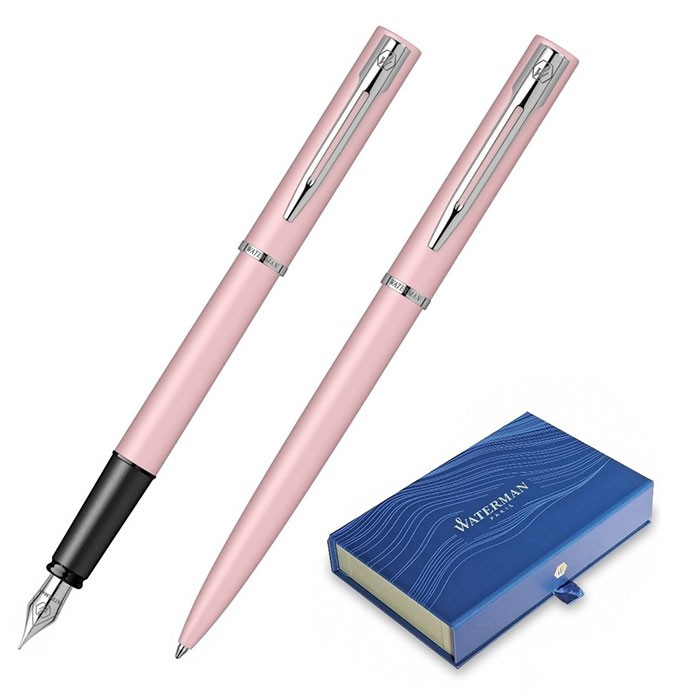 Set-pix-si-stilou-Waterman-Allure-roz-pastel-cu-accesorii-cromate-in-cutie-dubla-de-cadou