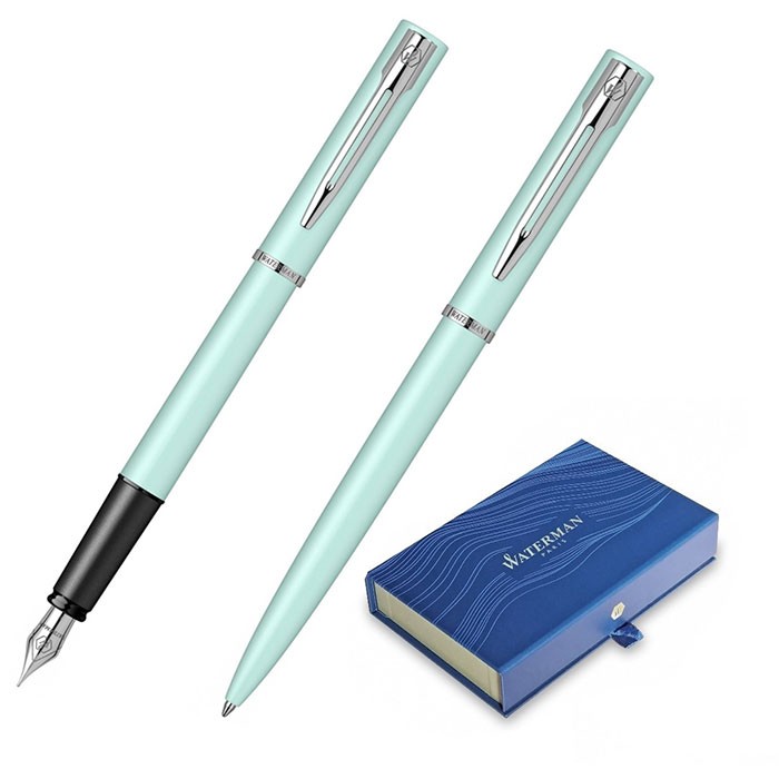 Set-pix-si-stilou-Waterman-Allure-verde-pastel-cu-accesorii-cromate-in-cutie-dubla-de-cadou