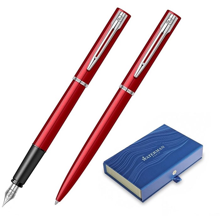 Set-pix-si-stilou-Waterman-Allure-rosu-cu-accesorii-cromate-in-cutie-dubla-de-cadou